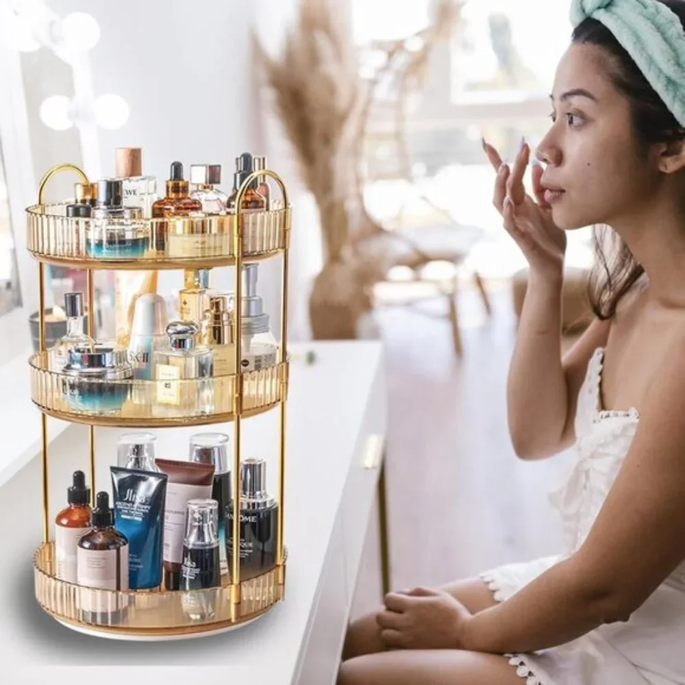 New 3-Tier Rotating Makeup Organizer, Clear Amber Gold Vanity & Skincare Storage